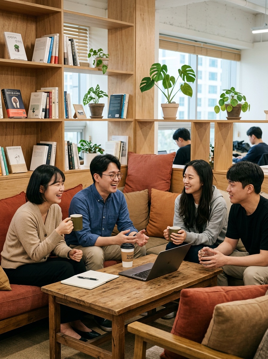 헤아림 오피스 라운지에서 대화하는 한국인 팀원들