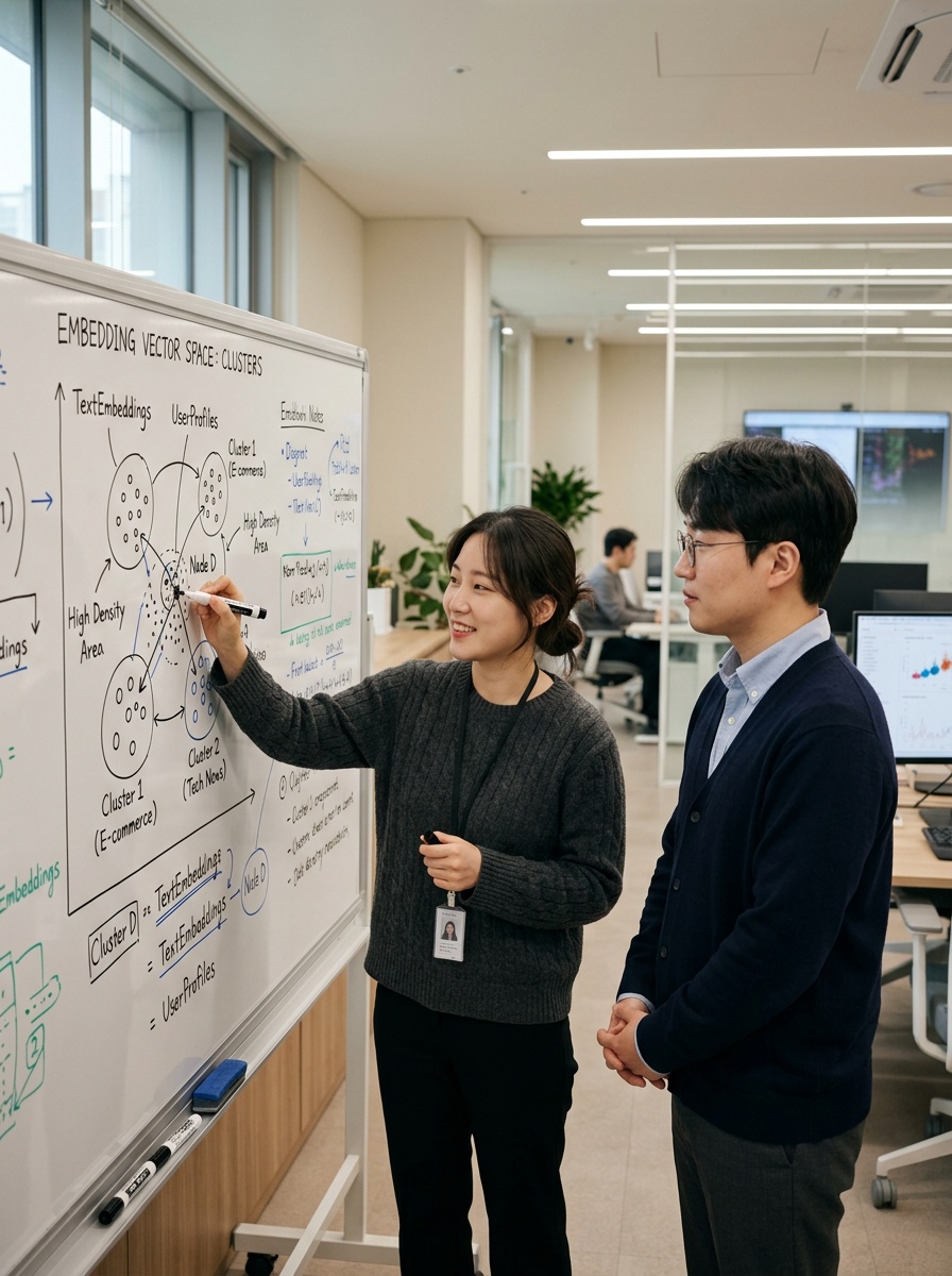 화이트보드 앞에서 임베딩 구조를 그리며 토론하는 한국인 연구원