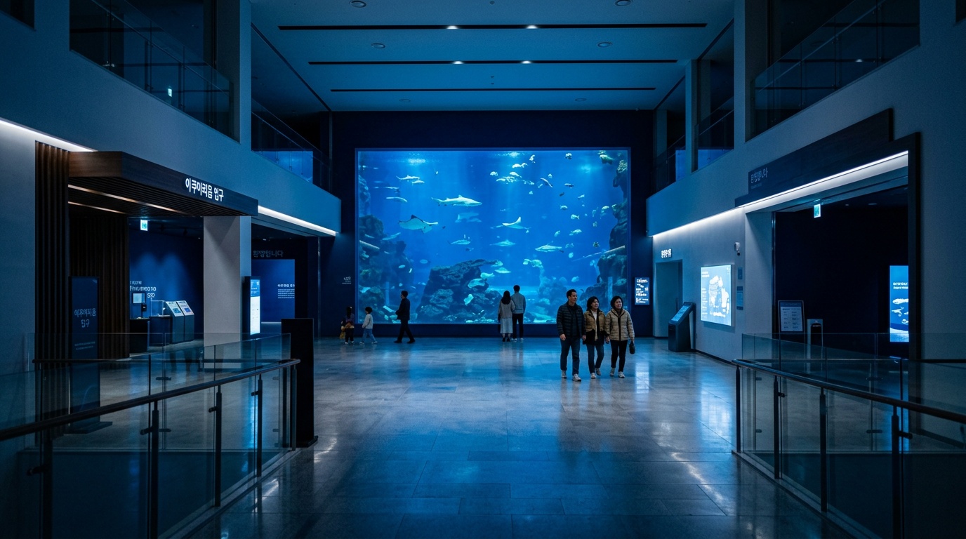 푸른 빛으로 물든 유영 아쿠아리움의 야간 입구 로비