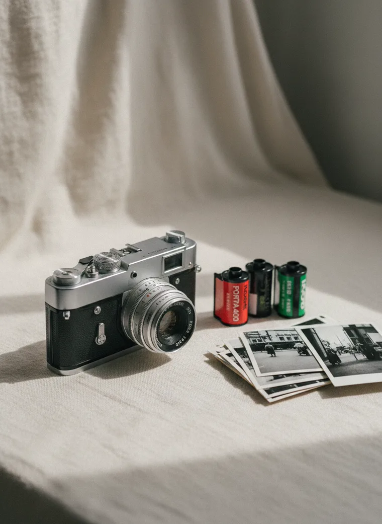 빈티지 카메라와 35mm 필름·흑백 프린트 정물