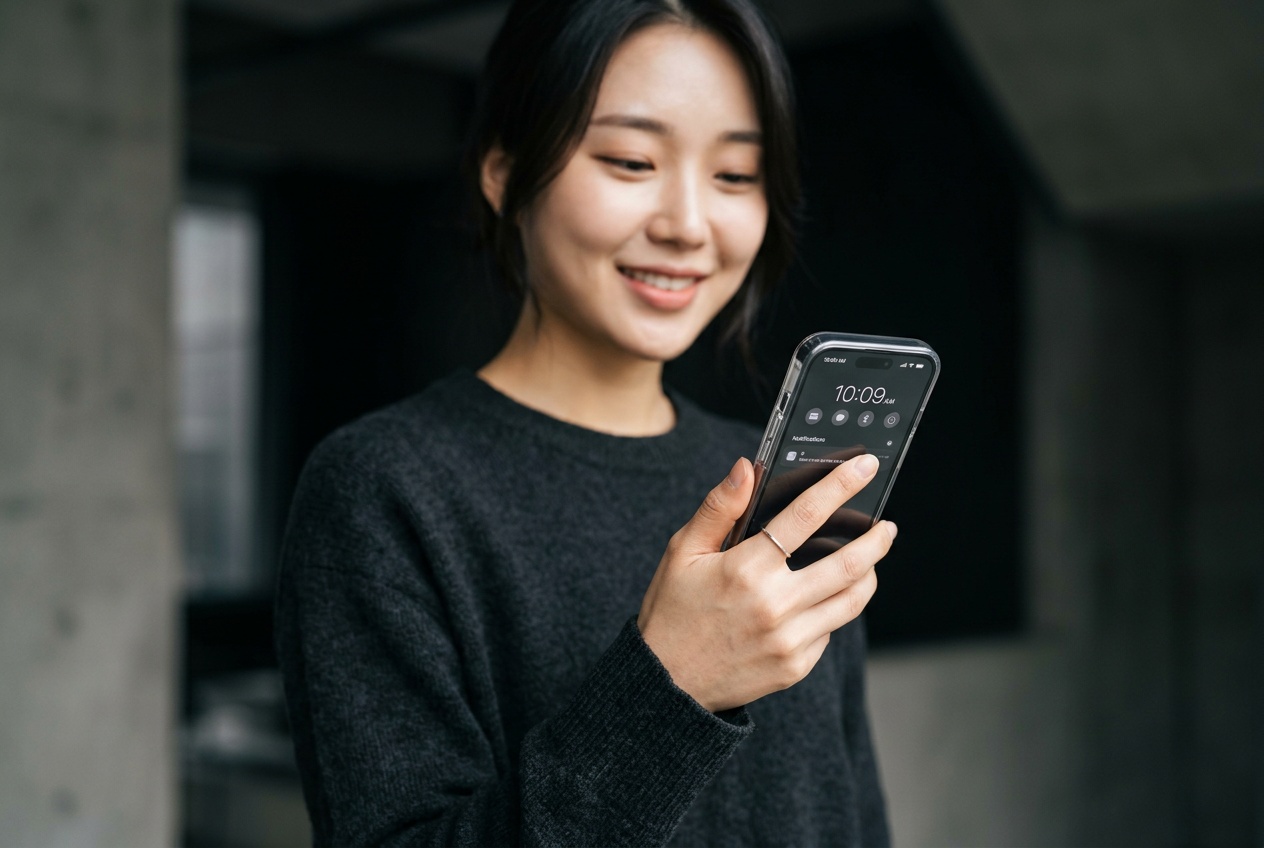 투명 클리어 케이스를 끼운 폰을 든 한국인