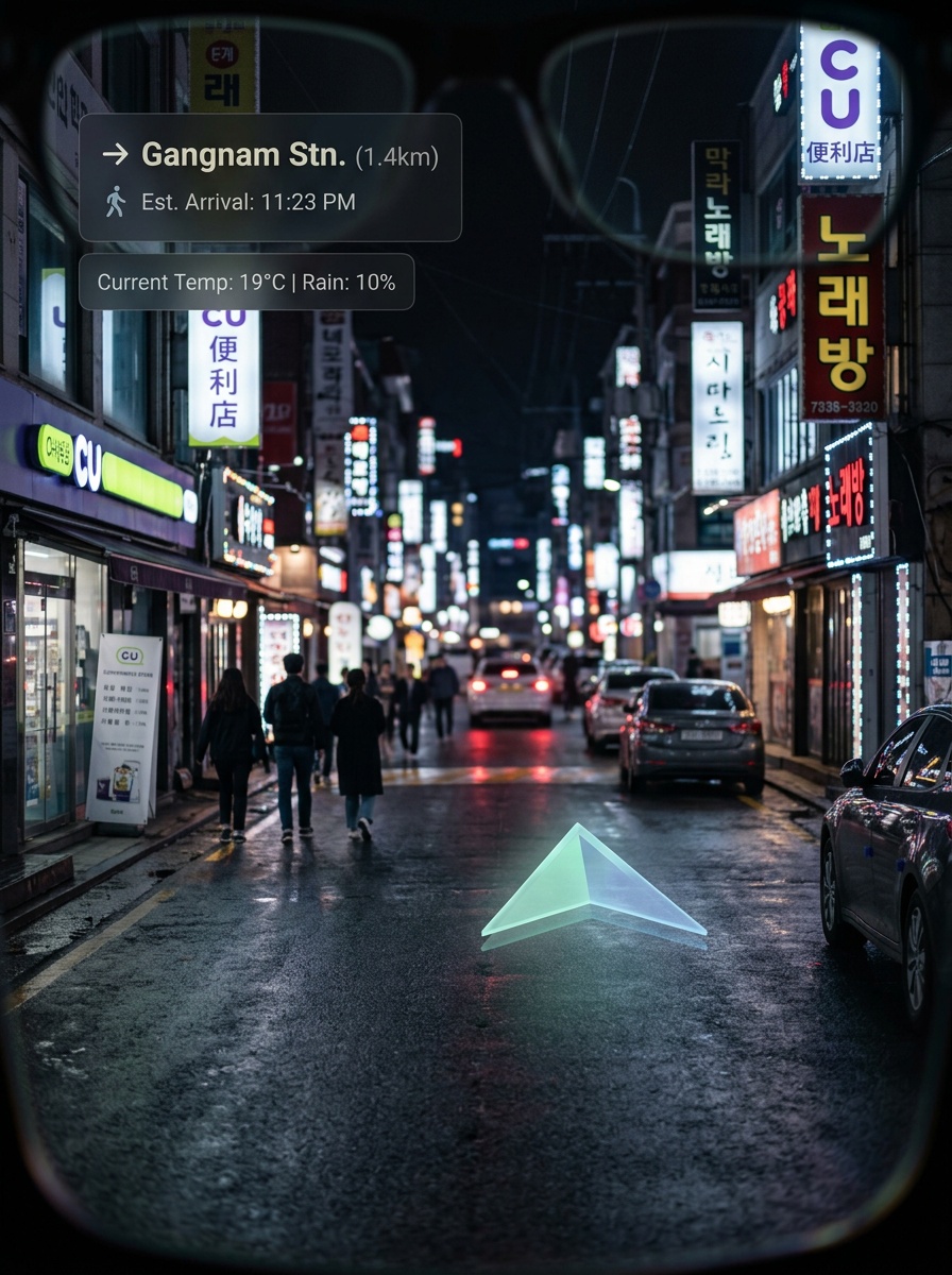 야경 도시 위에 AR 안내가 겹쳐진 1인칭 시점