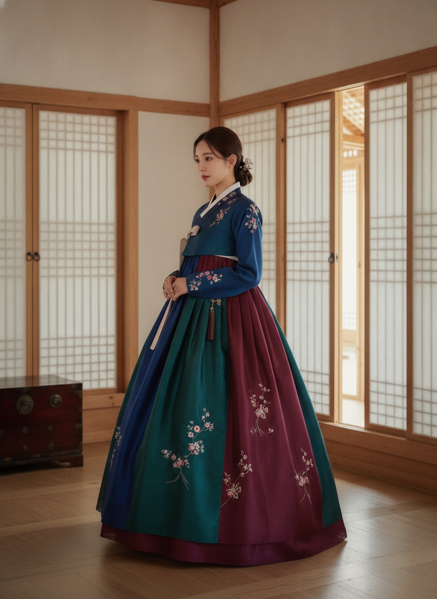오방색 비단 현대 한복을 착장한 한국인 여성