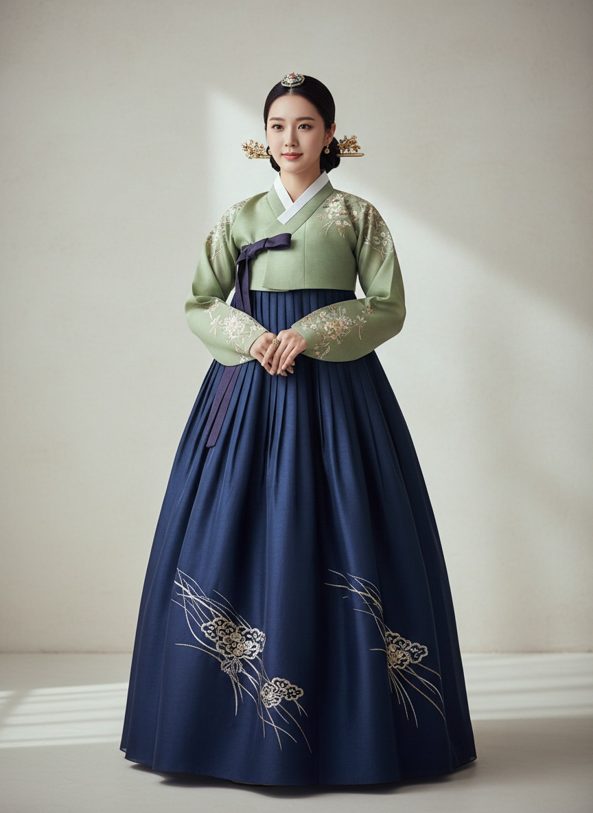 보석톤 비단 한복을 착장한 한국인 인물