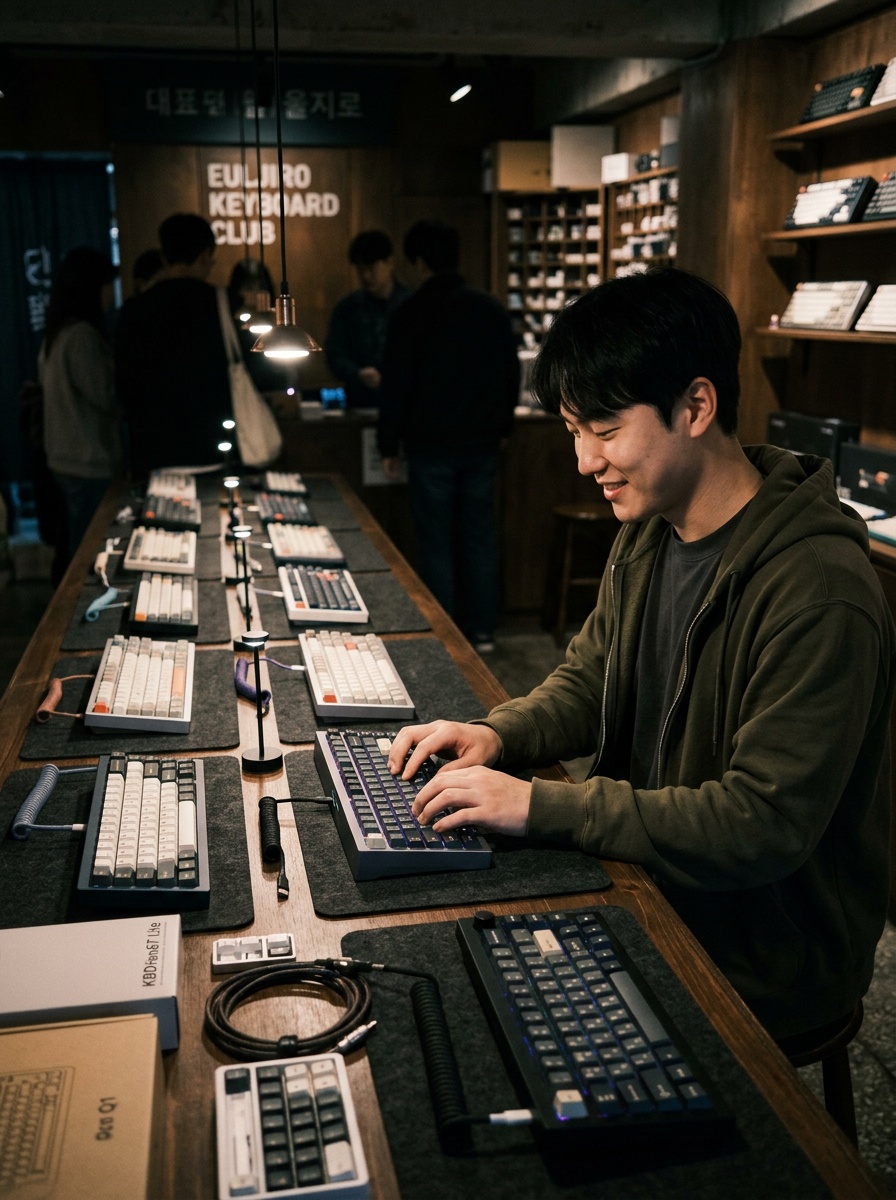 을지로 쇼룸 타건 체험대에서 키보드를 시타하는 한국인