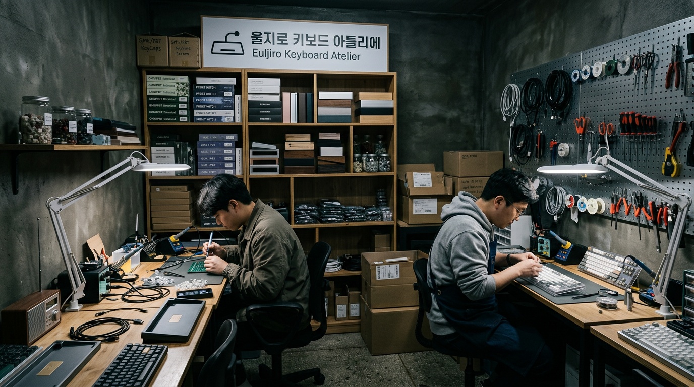 을지로 톡 공방 내부 — 작업대에서 키보드를 조립하는 한국인 빌더들