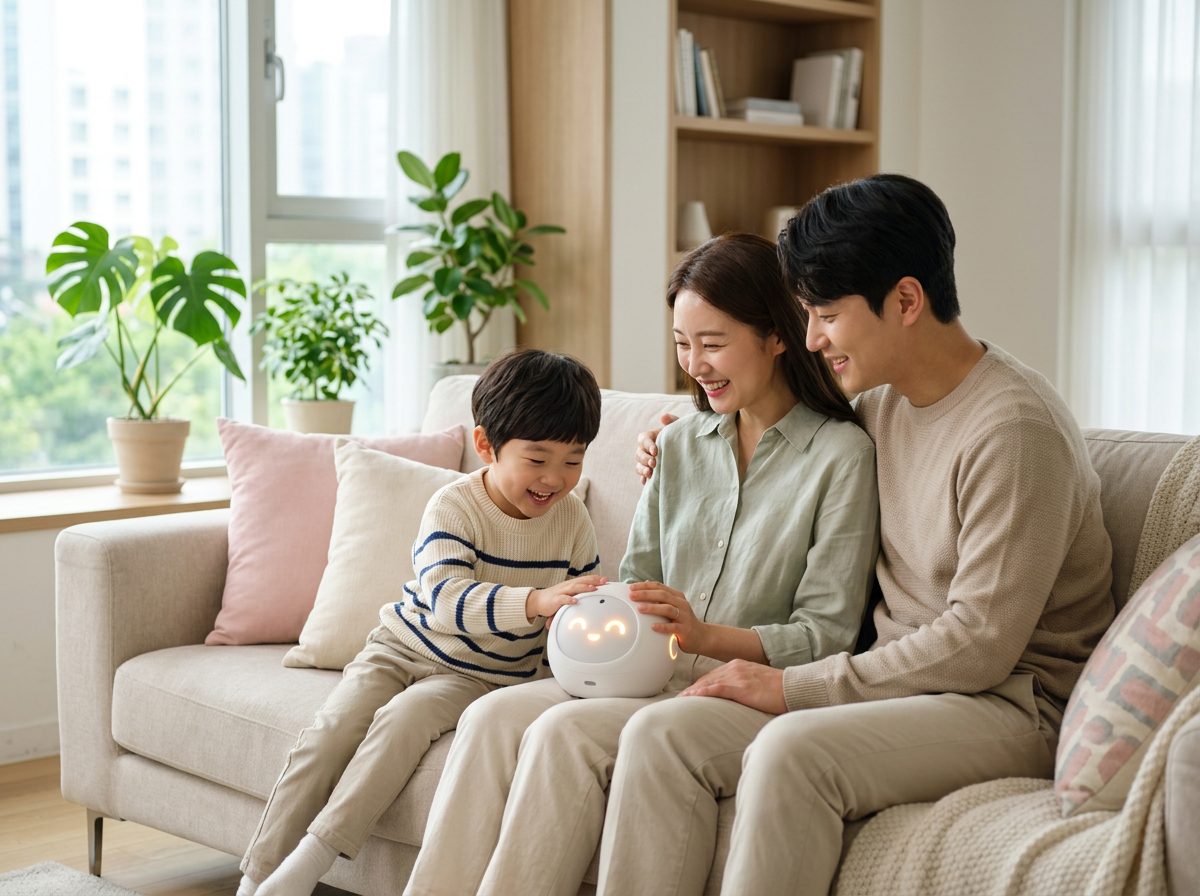 한국인 가족이 밝은 거실에서 둥근 펫 컴패니언 로봇과 함께 웃으며 교감하는 모습