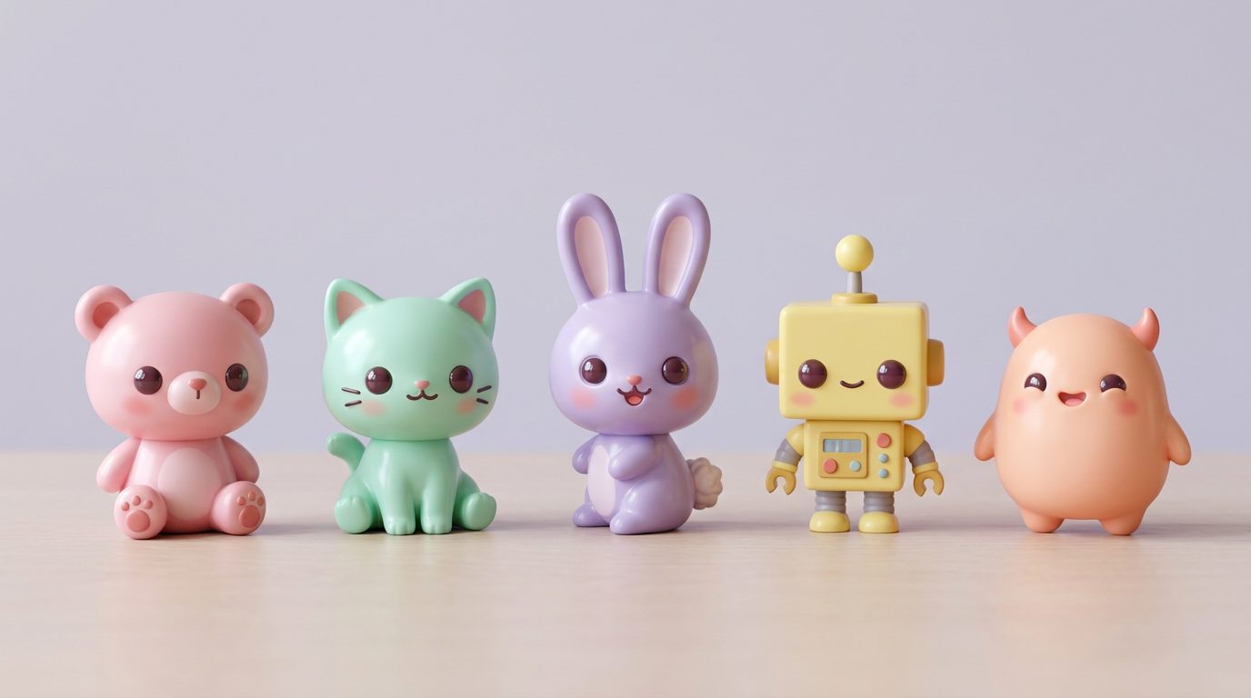 뿅뿅랩 아트토이 캐릭터 라인업 — 곰·고양이·토끼·로봇·말랑이