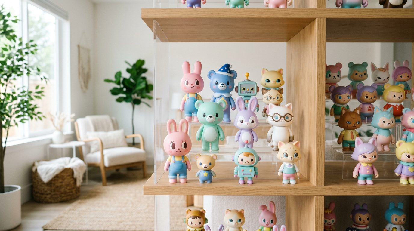밝은 방 원목 선반에 진열된 뿅뿅랩 파스텔 아트토이 컬렉션